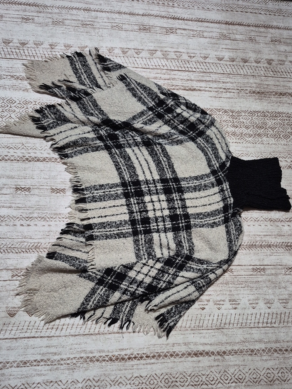 Black & Cream Plaid Fringe Turtleneck Poncho Sweater